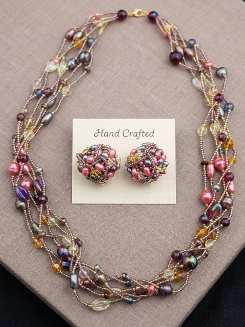 Hand Crafted Beaded Necklace and Clip On Earring Set